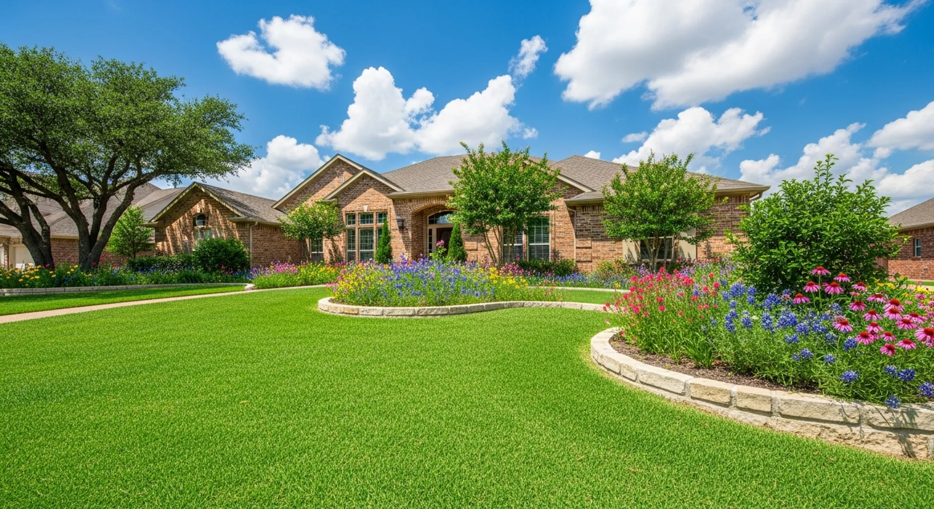 Lush North Texas front lawn with limestone borders maintained by Humble Beginnings Landscaping